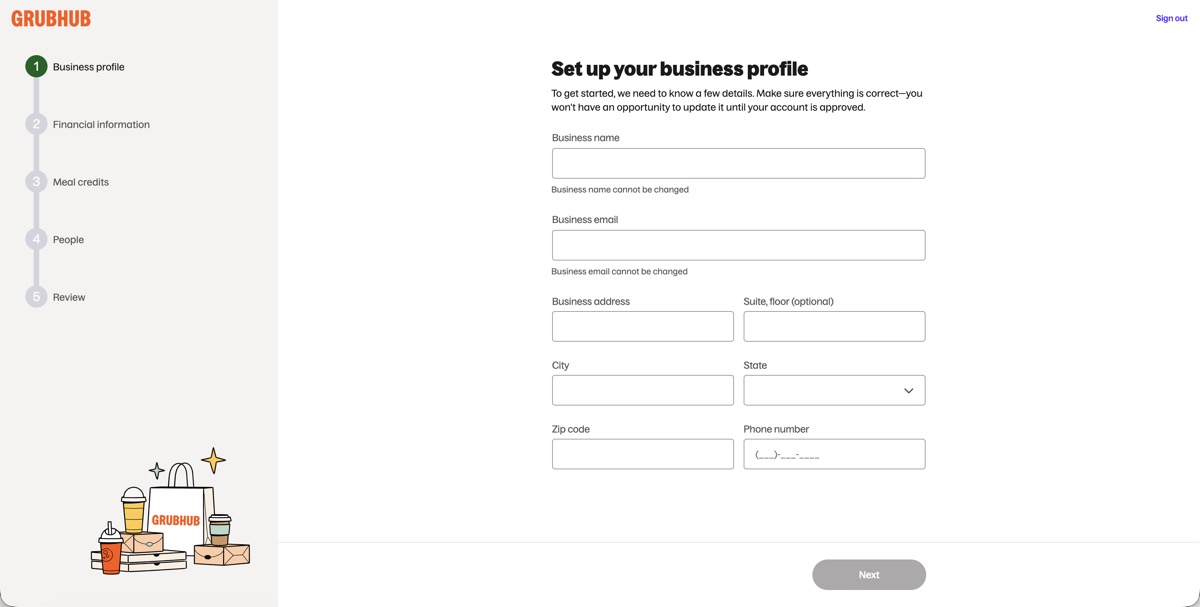 Self-Service account signup business details screen